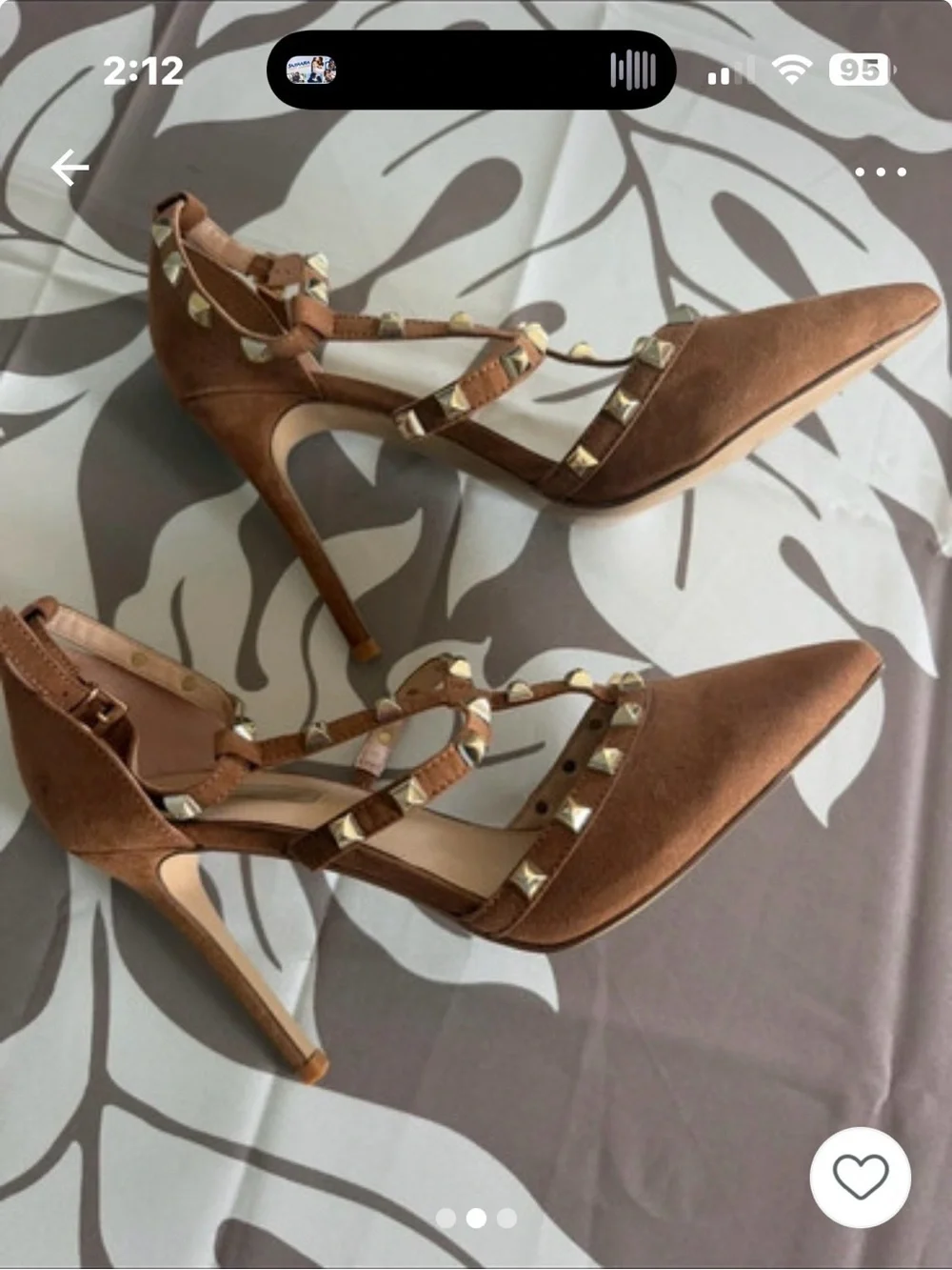Studded Strappy Pointed-Toe Heels in Tan Suede